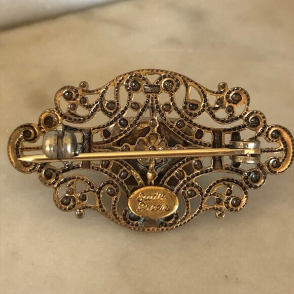 SADIE GREEN Signed Filigree Rectangle Crystal Brooch Pin Vintage - Picture 9 of 15